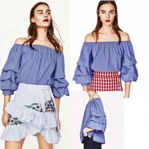 Zara off shoulder blue stipe ruffle sleeve Top (L)